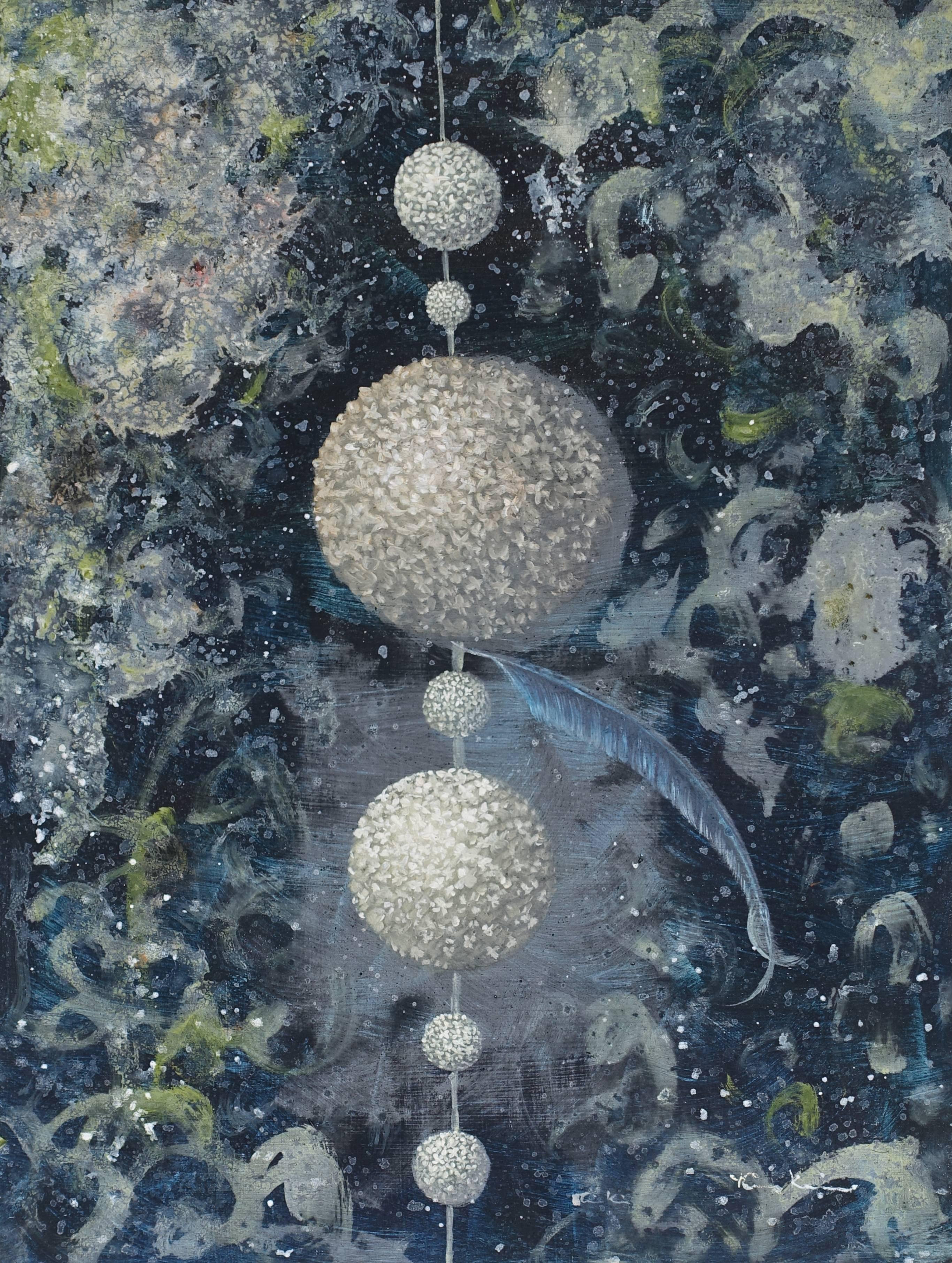 Maike Kreichgauer Figurative Painting - Spheres of Flowers with Feathers