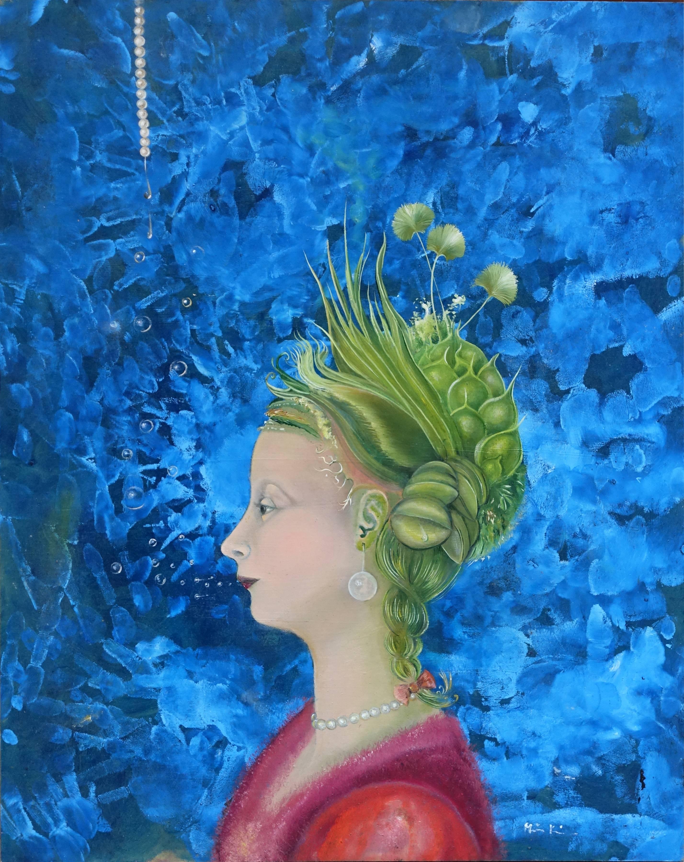 Maike Kreichgauer Figurative Painting - Woman with Plants on her Mind
