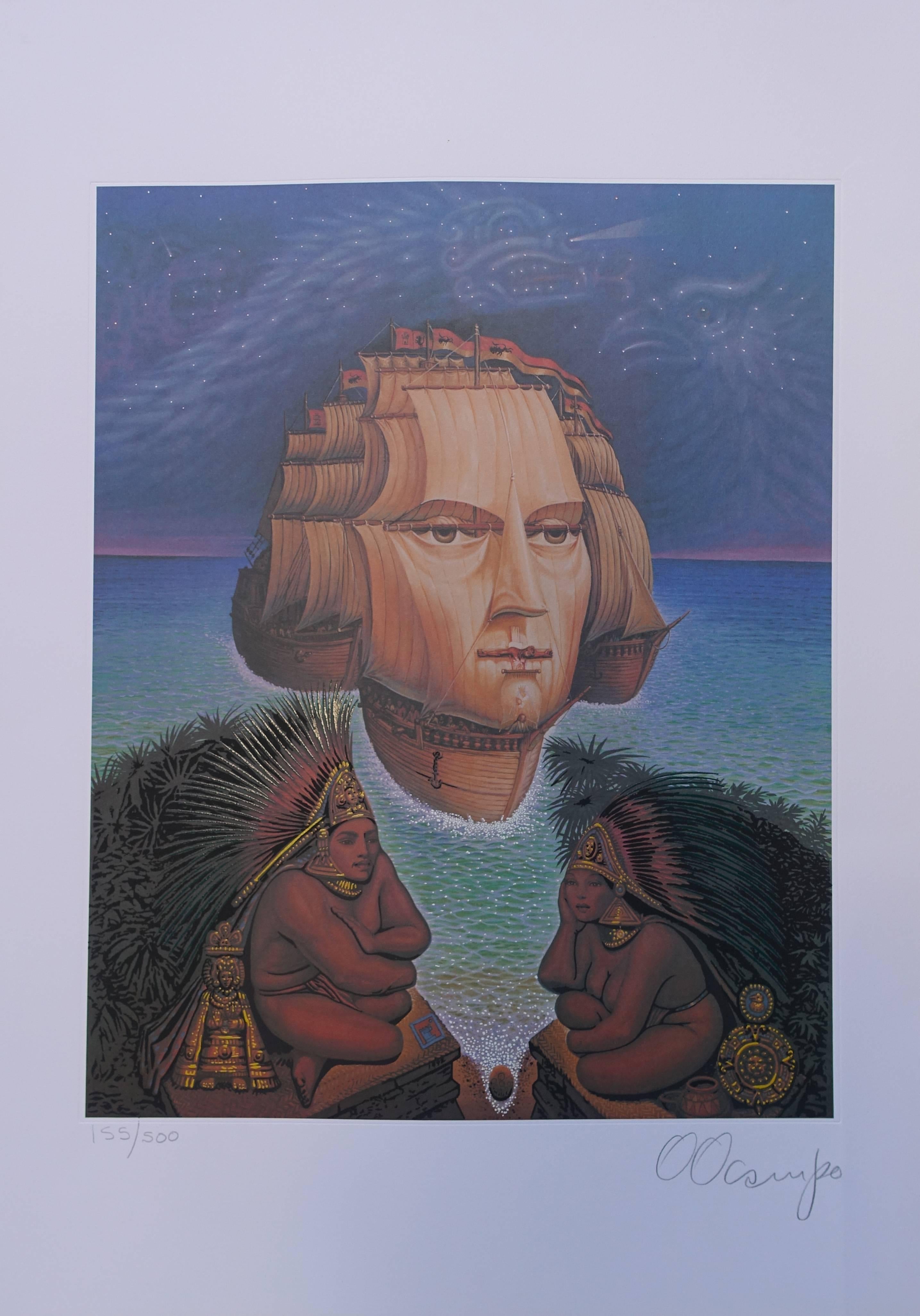 la découverte d'Amérique - Gris Figurative Print par Octavio Ocampo