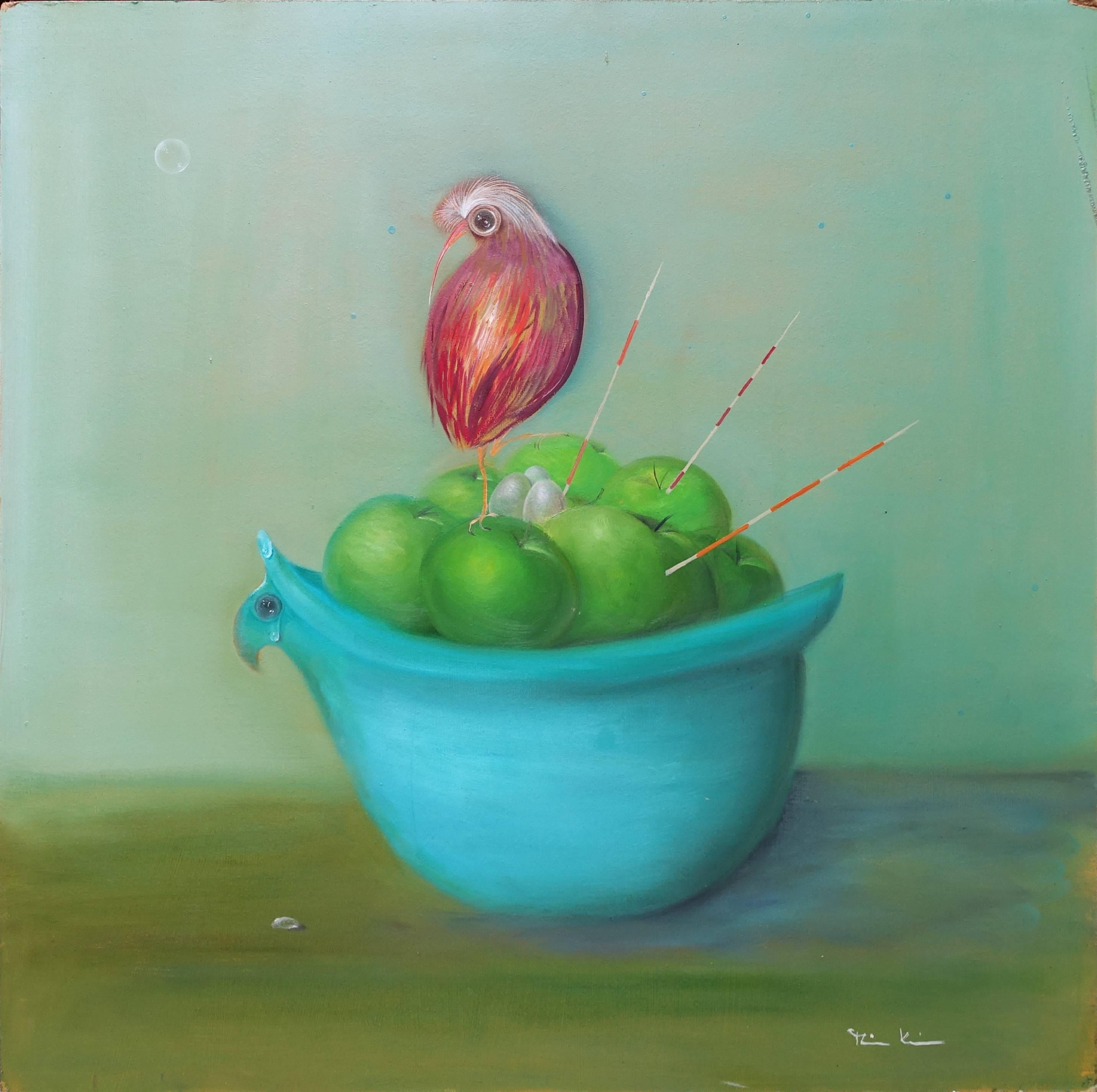 Maike Kreichgauer Figurative Painting - Apple Nest in a Turquoise Bowl