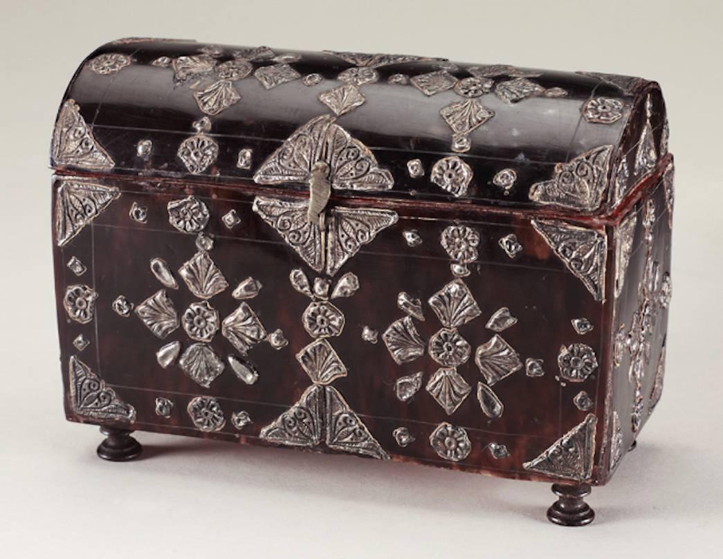 SPANISH COLONIAL TORTOISESHELL AND SILVER MOUNTED DOMED CASKET - Mixed Media Art by Unknown