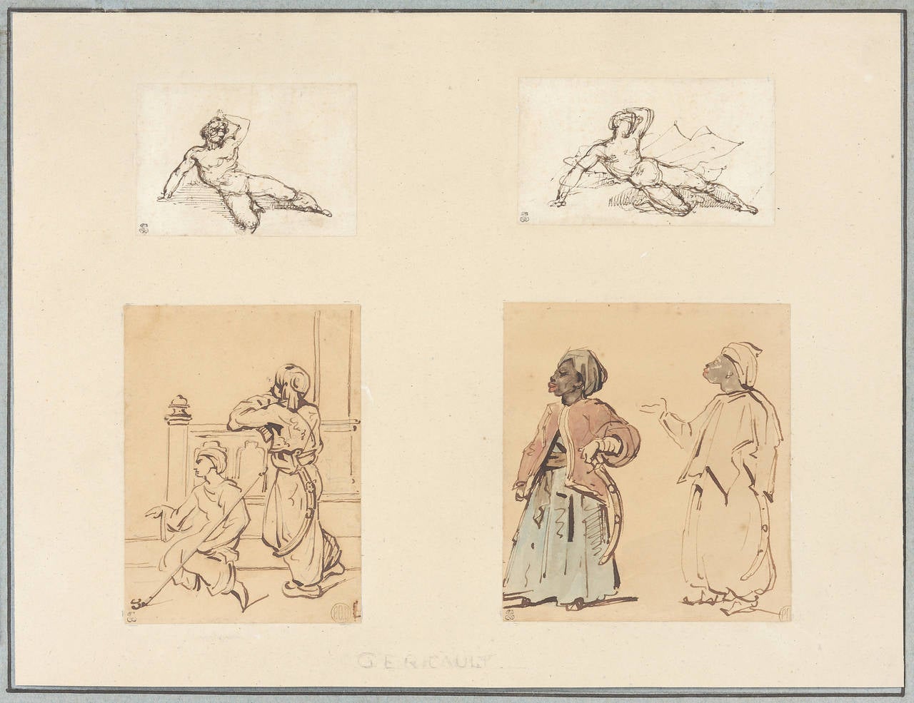 Jean Louis Andre Theodore Gericault Figurative Art - Four Drawings: Two Reclining Male Nudes and Two Studies of Arabs