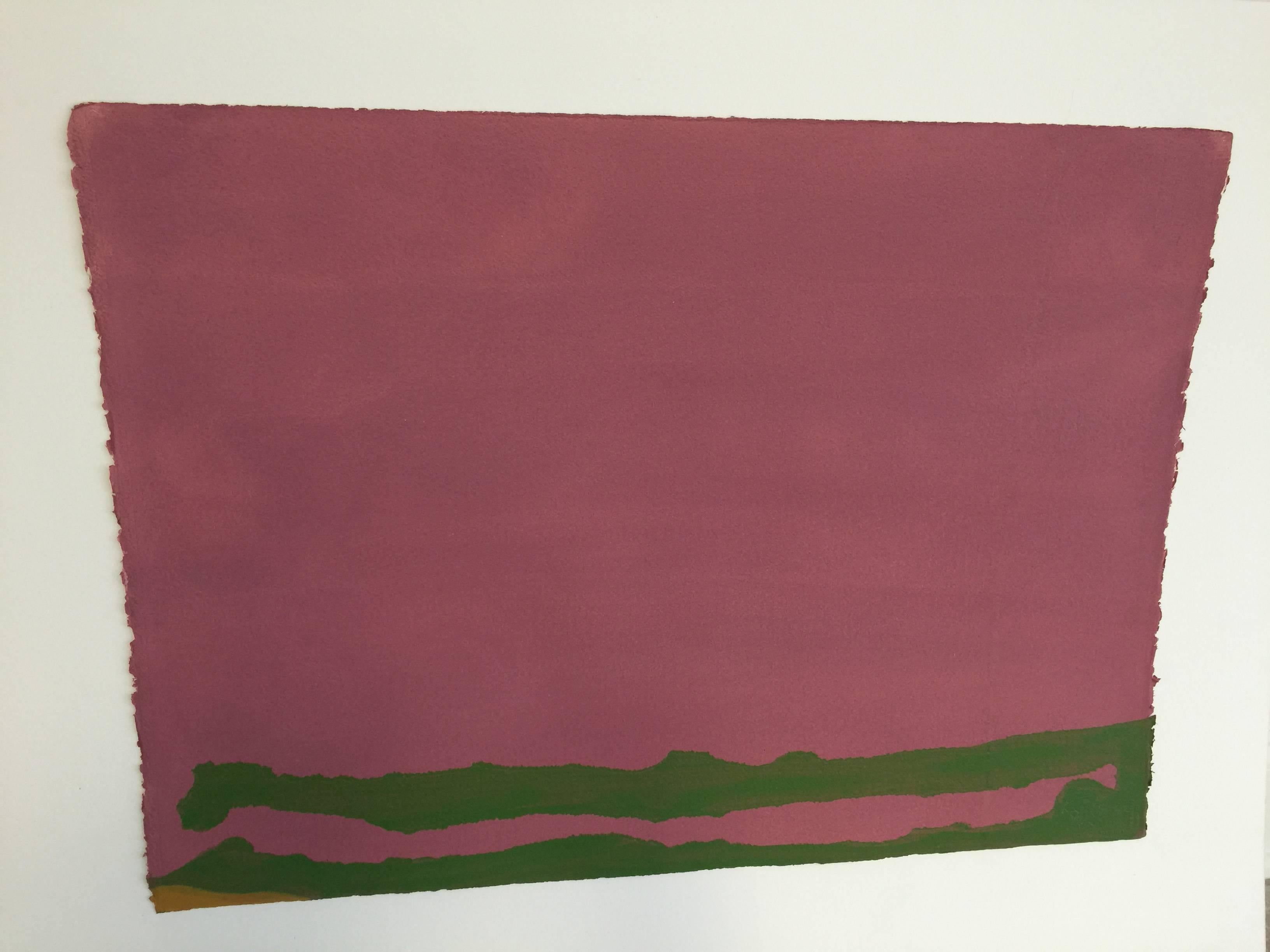 Helen Frankenthaler's purple and green work is an early work, 1970, of a perfect example of the artist's ability to create a beautifully rich work of deep colorful hues. Part of a suite of four pochoir prints, this was produced in the artist's