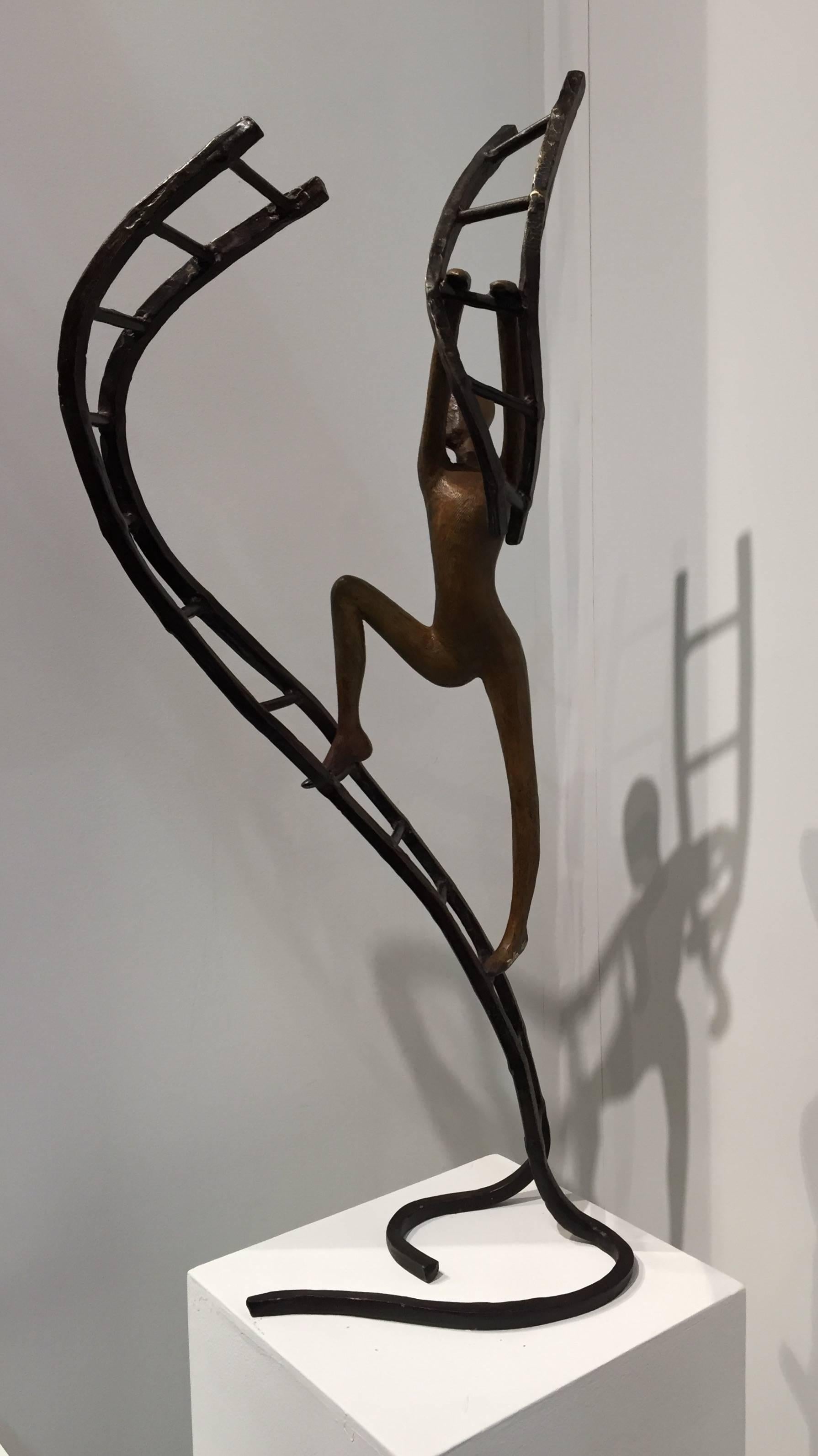 A single character sculpture from the artist's iconic ladder series, this new work combines the energy in movement with the pondering of another of life's questions. The character is in a strong stance but elegantly gliding upward.