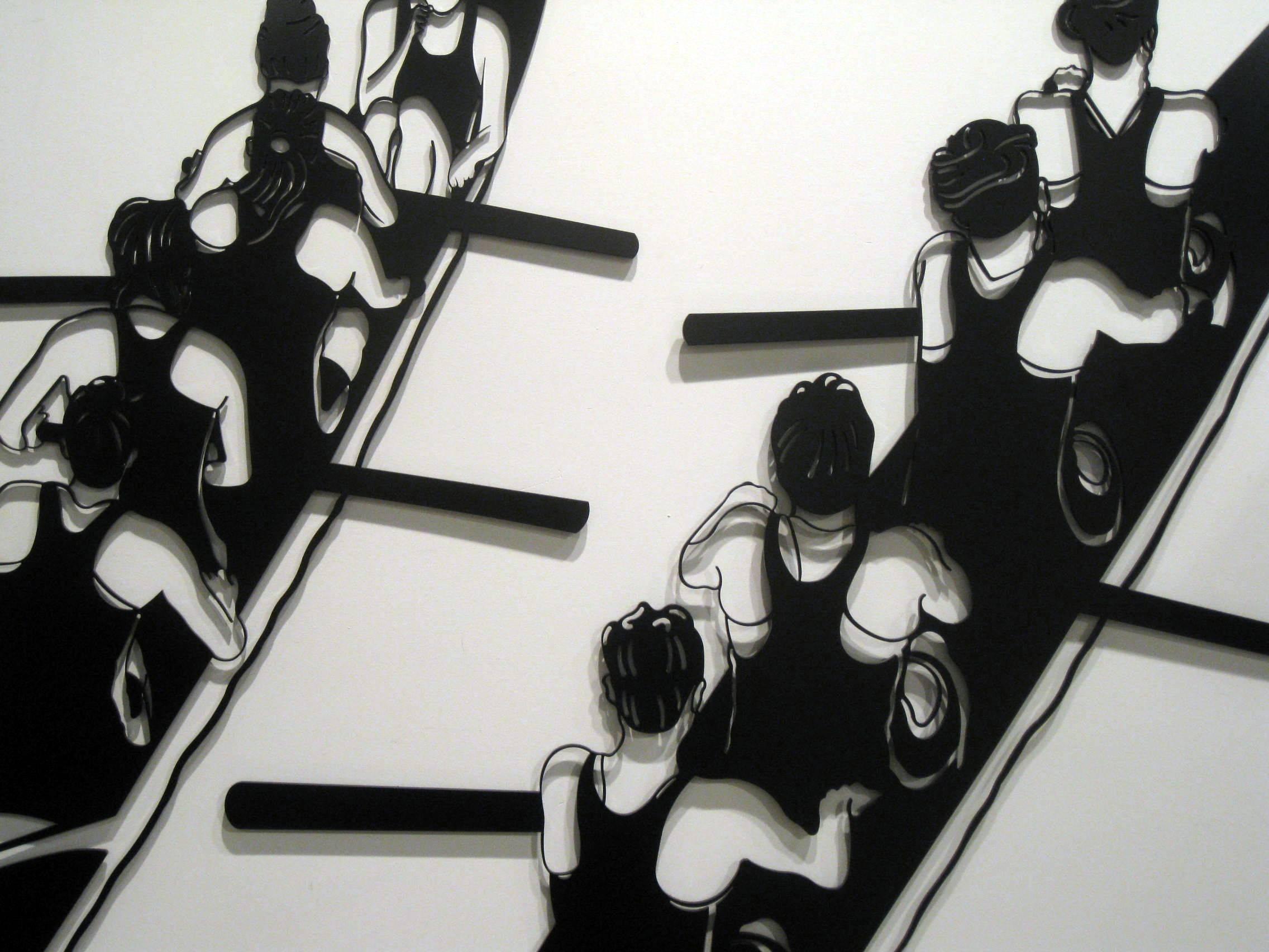 Debbie Carfagno Figurative Painting - Black Painted Aluminum Rowers in Cut out frame 3-D installation Female Rowers