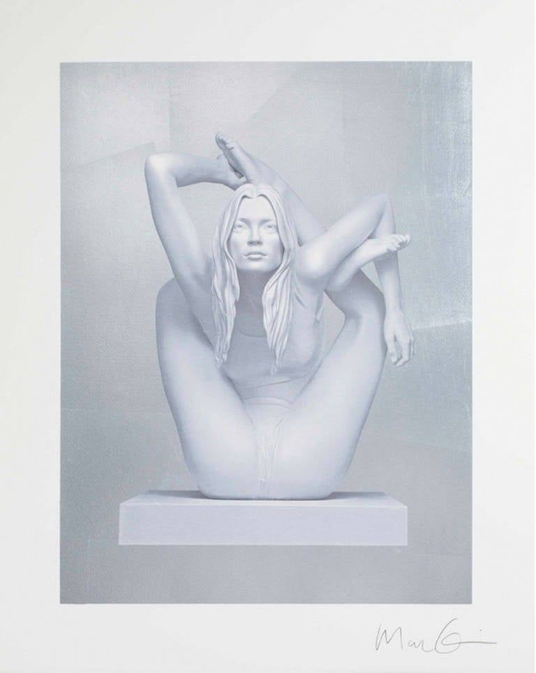 Silkscreen print of Kate Moss depicting her beauty, but showing her limbs contorted in an extreme yoga pose, a commentary, by the artist, on the distortions of global media.  A monumental white sculpture of this work was on display in the Miami