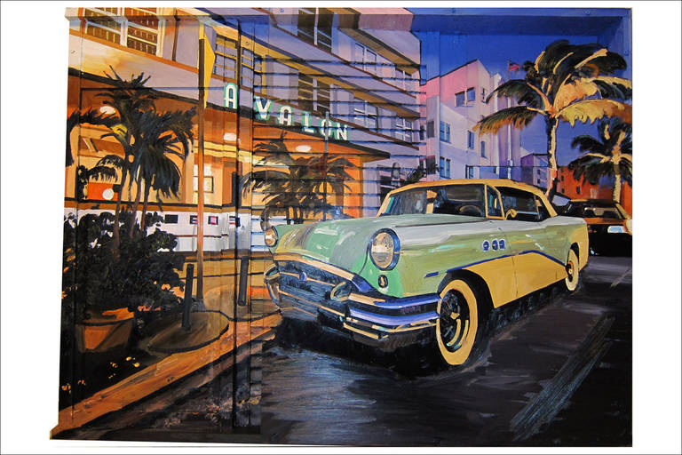 A three dimensional painting done on wood shutters, plexi, and other found objects depicting the captivating scenes of Miami's South Beach. This hyper realistic work looks real enough to feel Ocean Drive's sea breezes. The work is from a series of