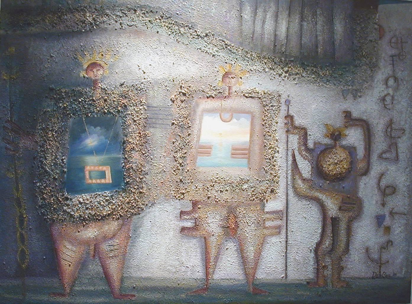 Delacruz, Silvio Figurative Painting - Family of the Sun Original Oil and Sand Three-D Painting Three Chakras