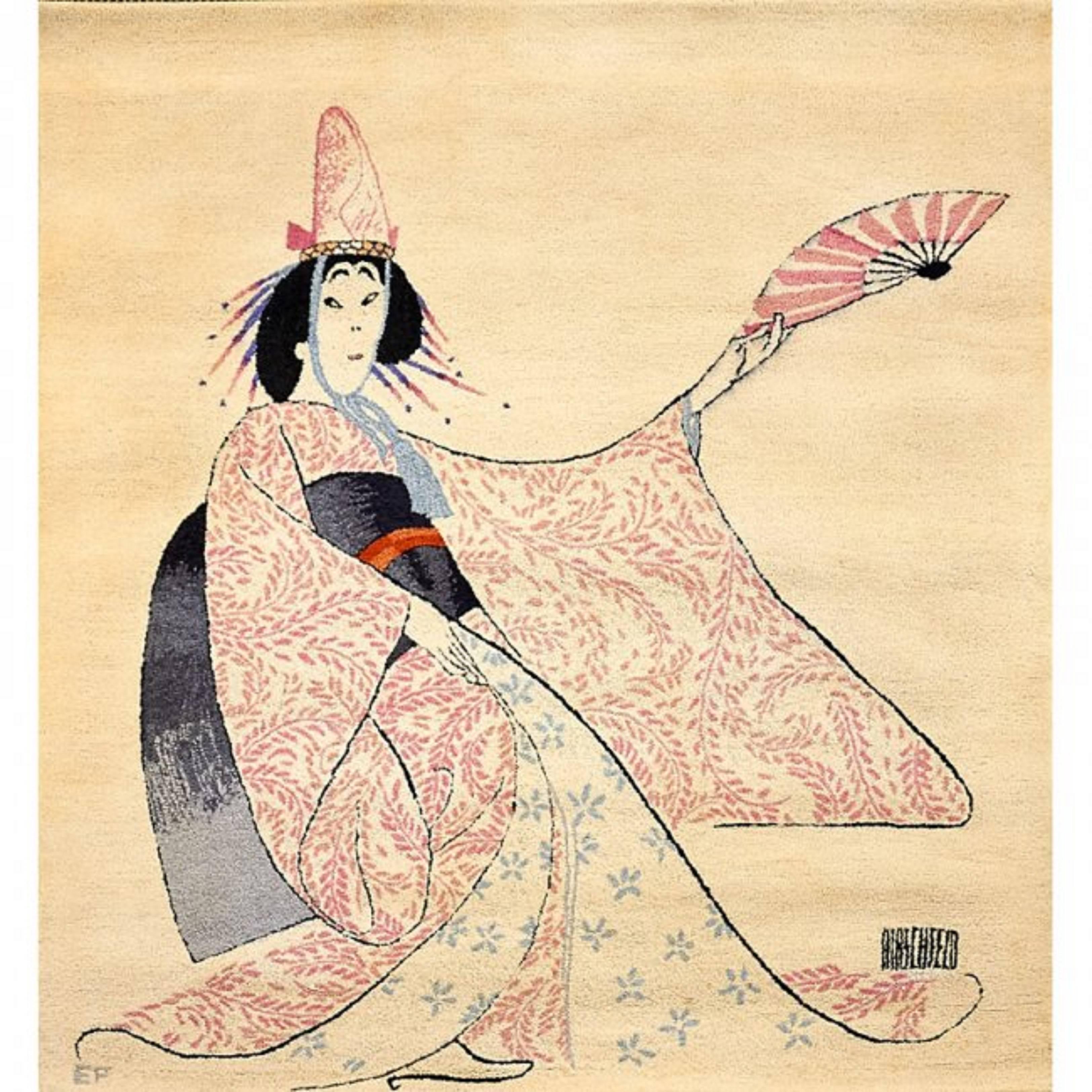 Rare Edward Fields "Geisha with Fan" Al Hirschfeld Tapestry Rug - Mixed Media Art by Albert Al Hirschfeld