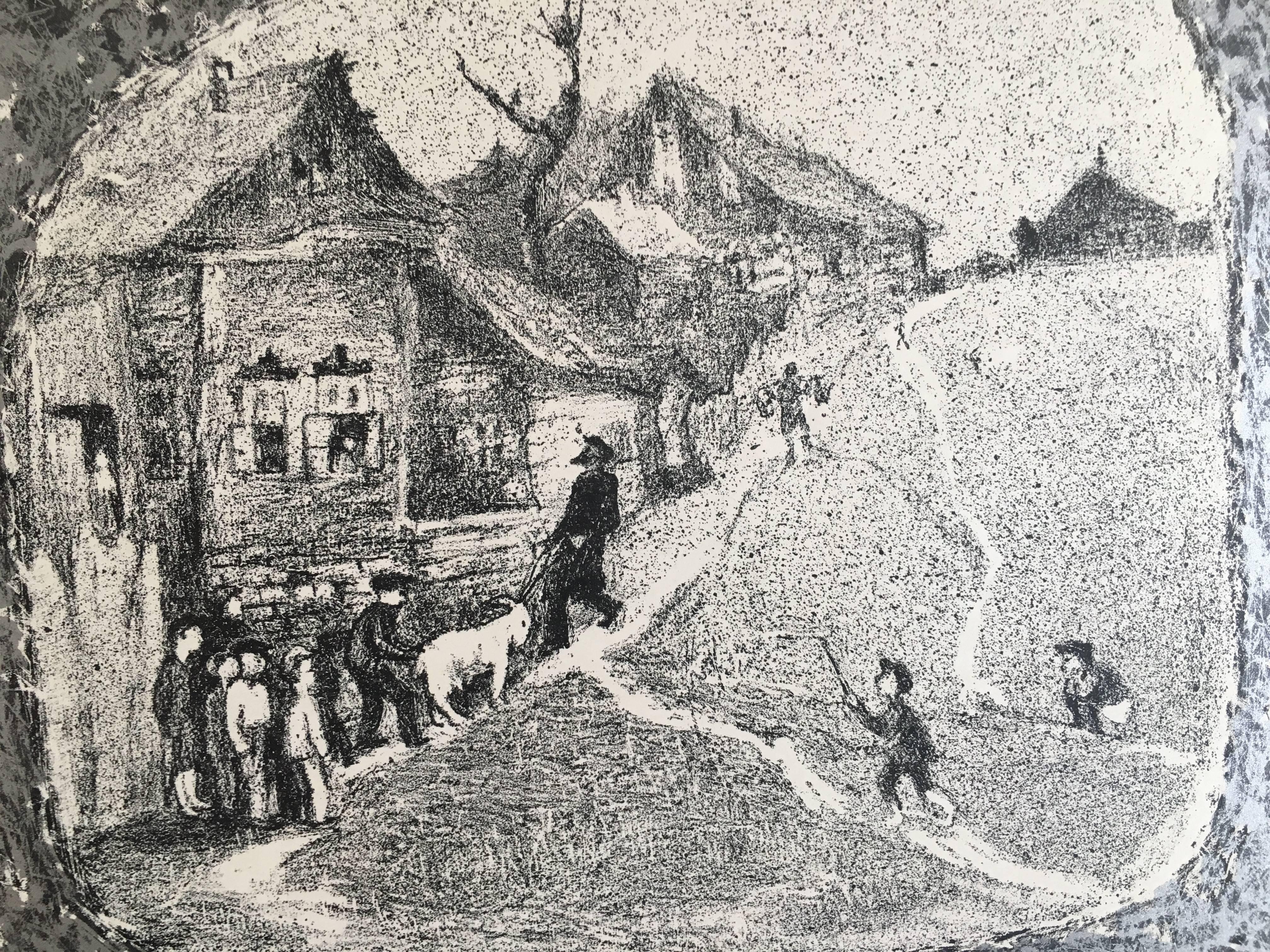 VIntage Russian Shtetl Scene, Judaica Lithograph 3