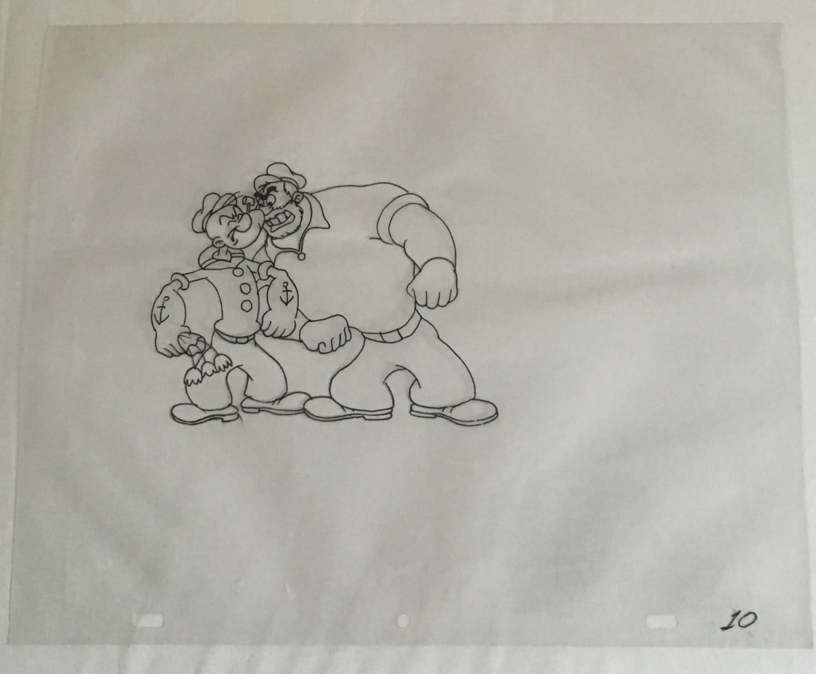 Popeye & Pluto Original Vintage Animation Cel Drawing - Art by Unknown