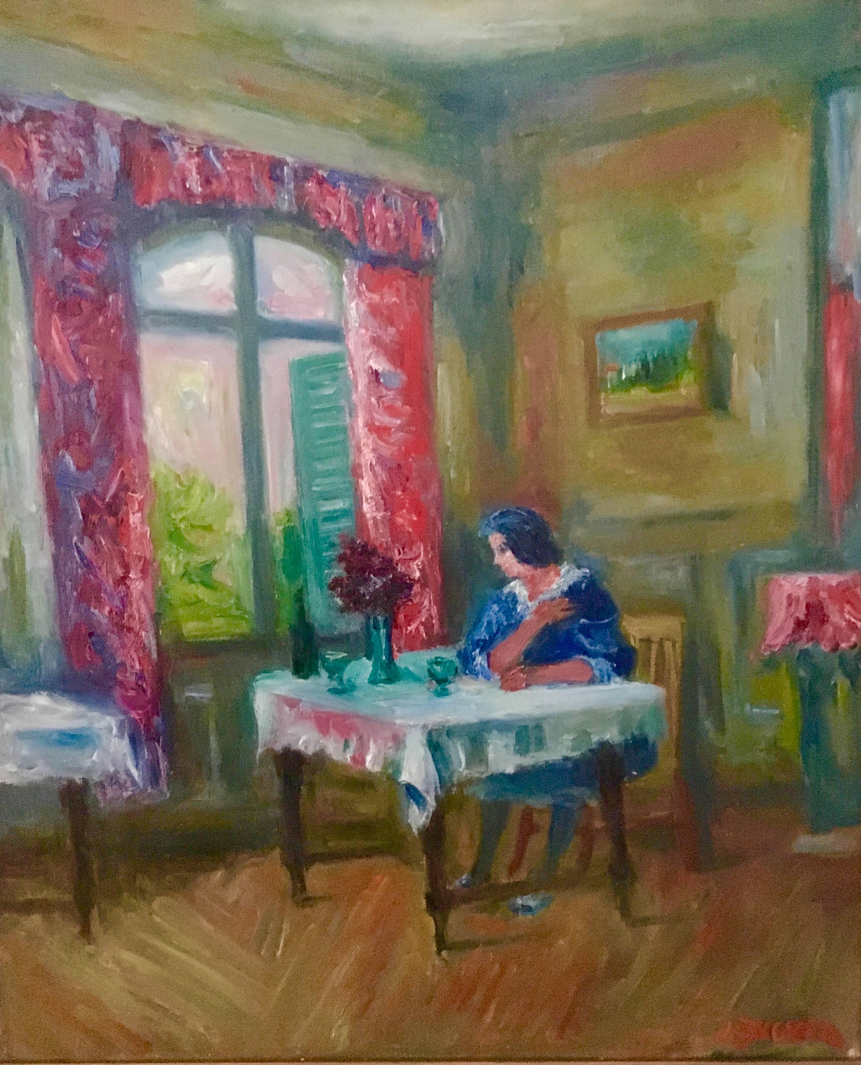 Jacques Zucker Figurative Painting - Woman in Salon French Interior Oil Painting Ecole D'Paris, WPA, Bezalel Artist
