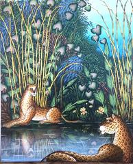 Vintage Gustavo Novoa "First Meeting" Two Leopards in a Bamboo Jungle Scene