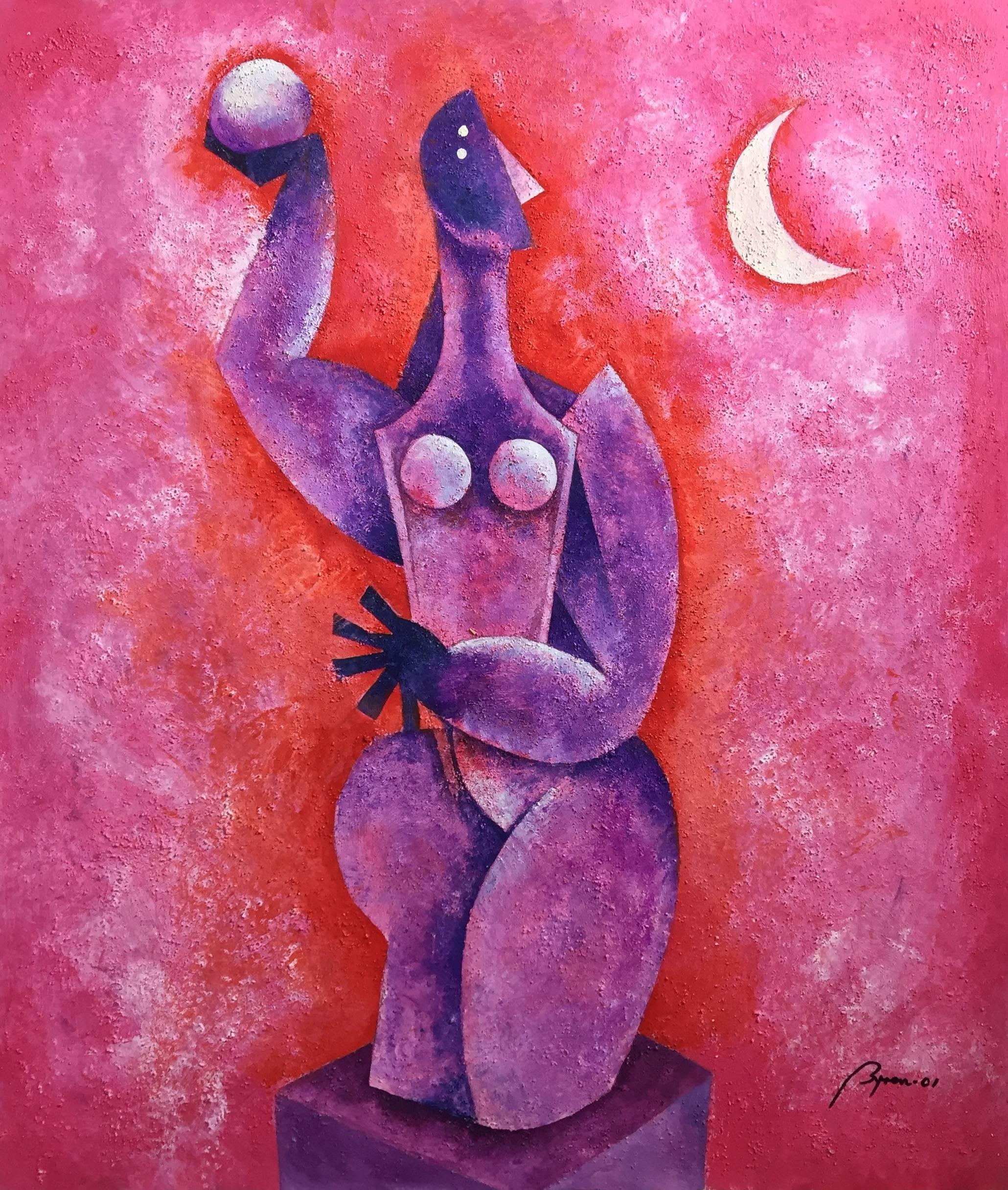 Byron Gálvez Nude Painting - Untitled, Cubist Nude, 2001 Latin American Textured Painting