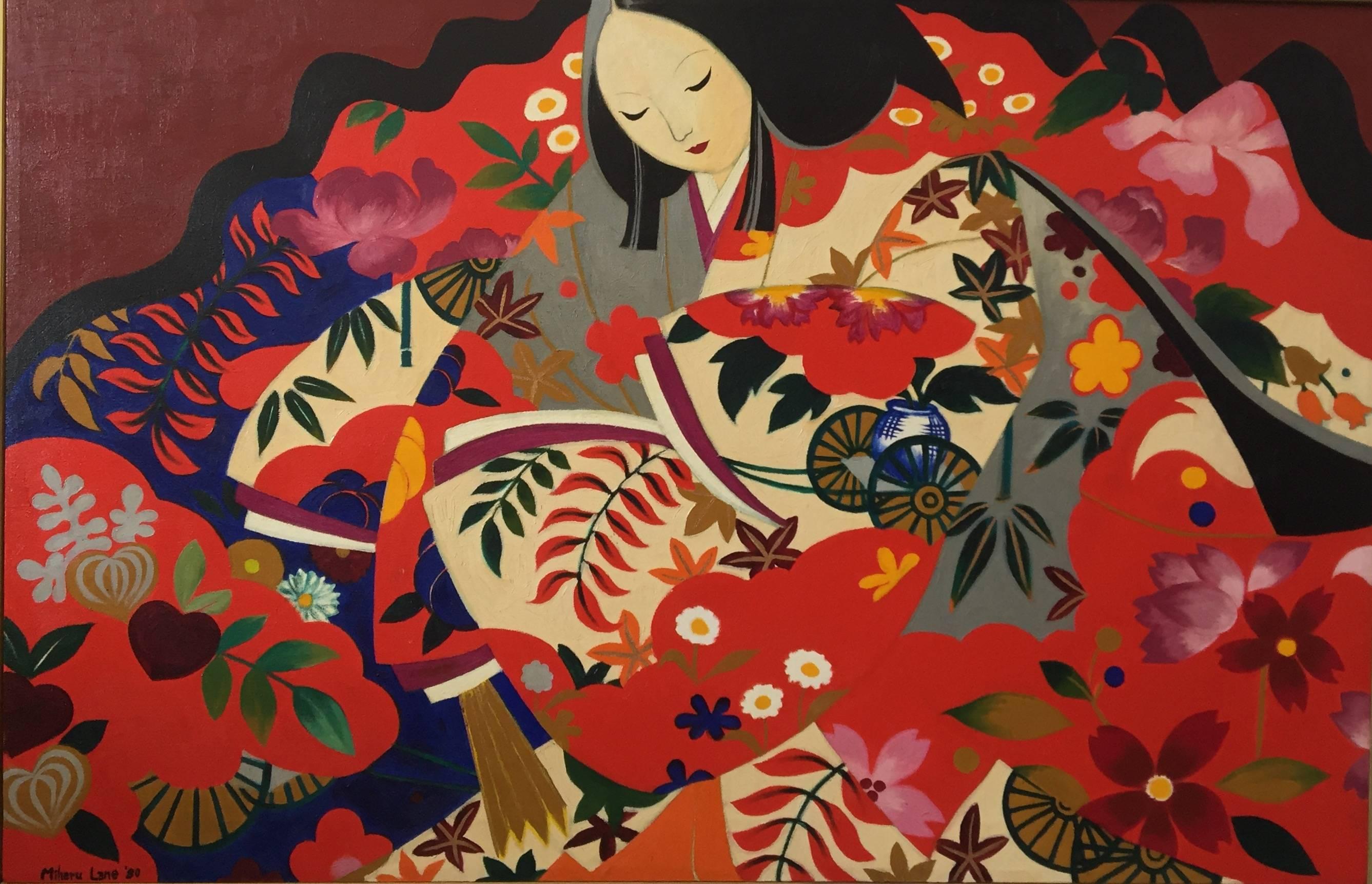 Miharu Lane Figurative Painting - Waiting for Genji, Japanese American Oil Painting