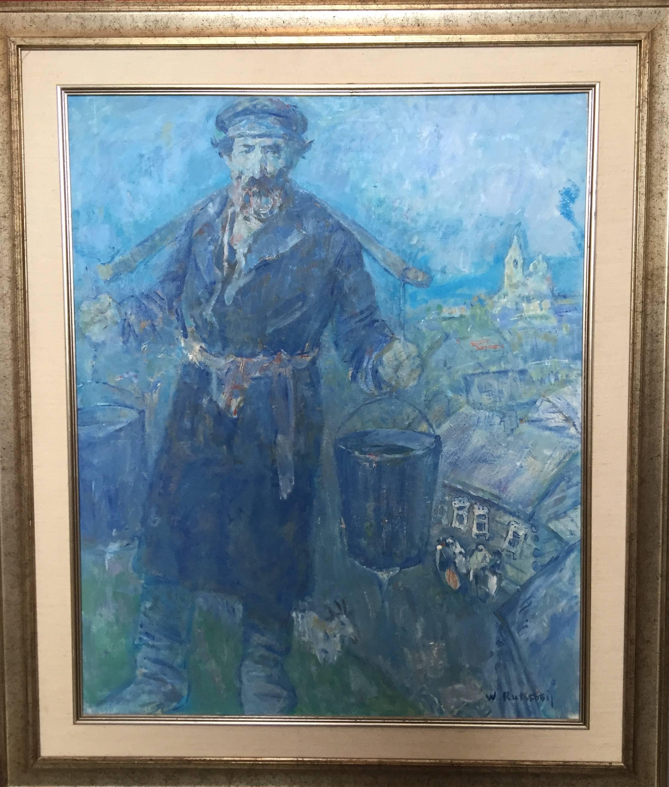 Vladimir Rutstein Figurative Painting - Shtetl Water Carrier, Judaica Oil Painting
