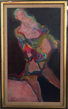 Abstrakt-expressionistische farbenfrohe Figur einer Frau:: Ölgemälde auf Karton
