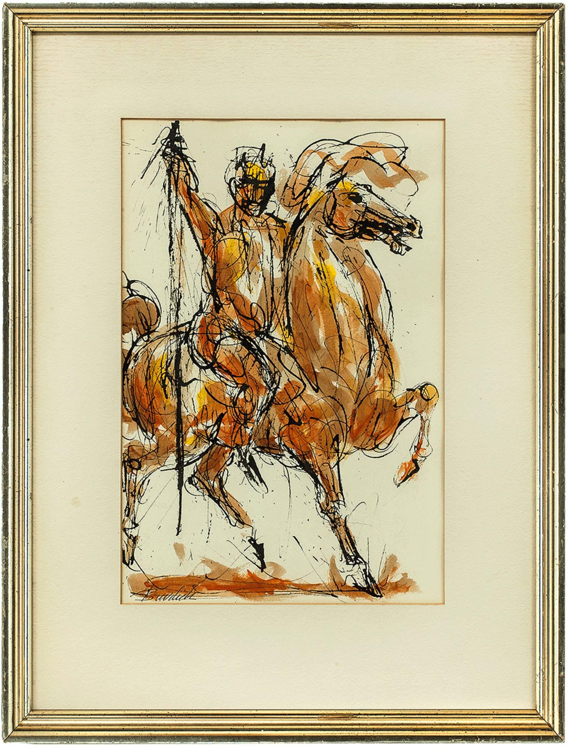 Charles Burdick Figurative Art - Untitled, Horse Rider, Original Ink and Watercolor