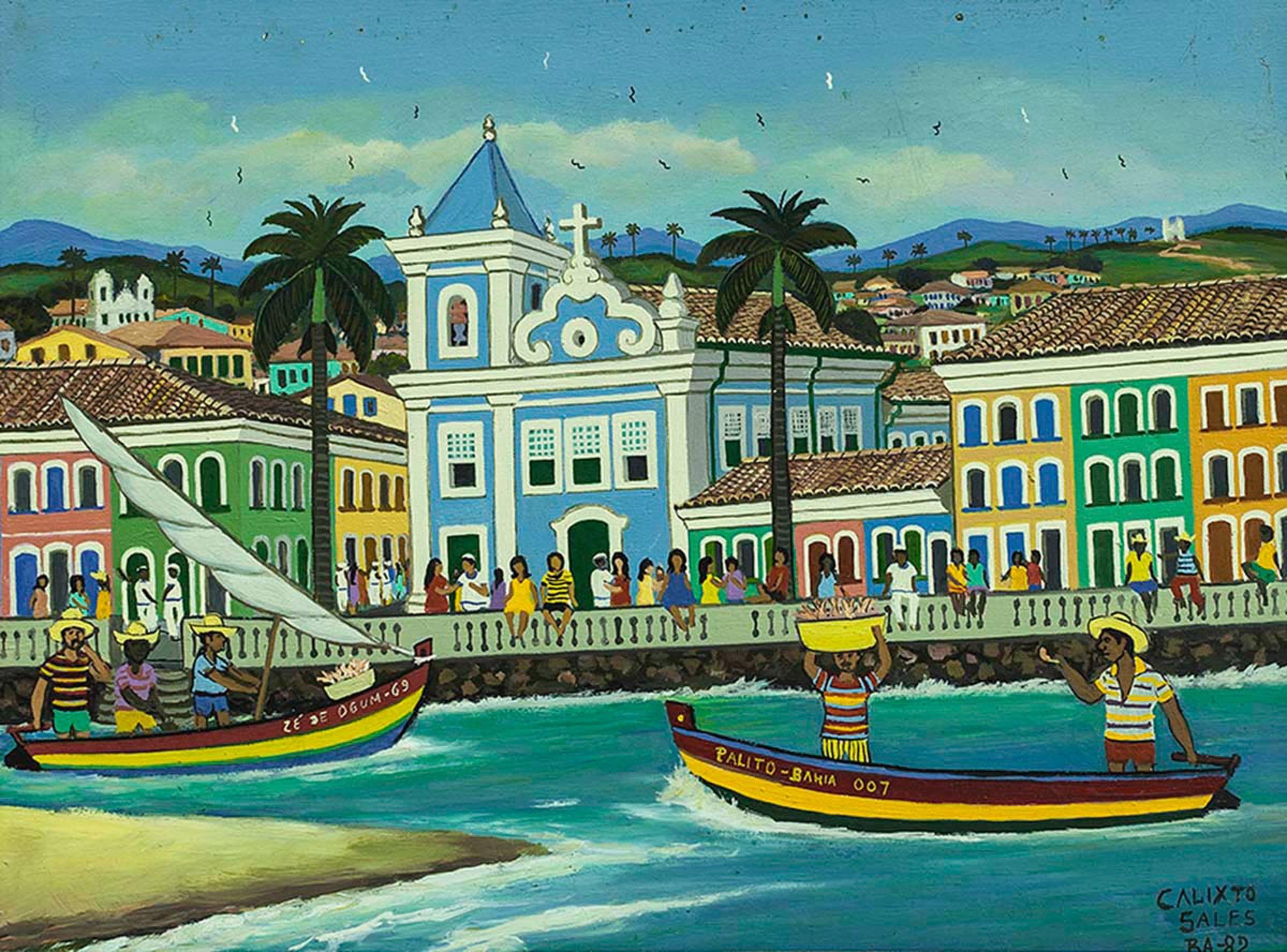 Salvador Bahia, Latin American Naive Art Oil Painting - Gray Landscape Painting by Calixto Sales