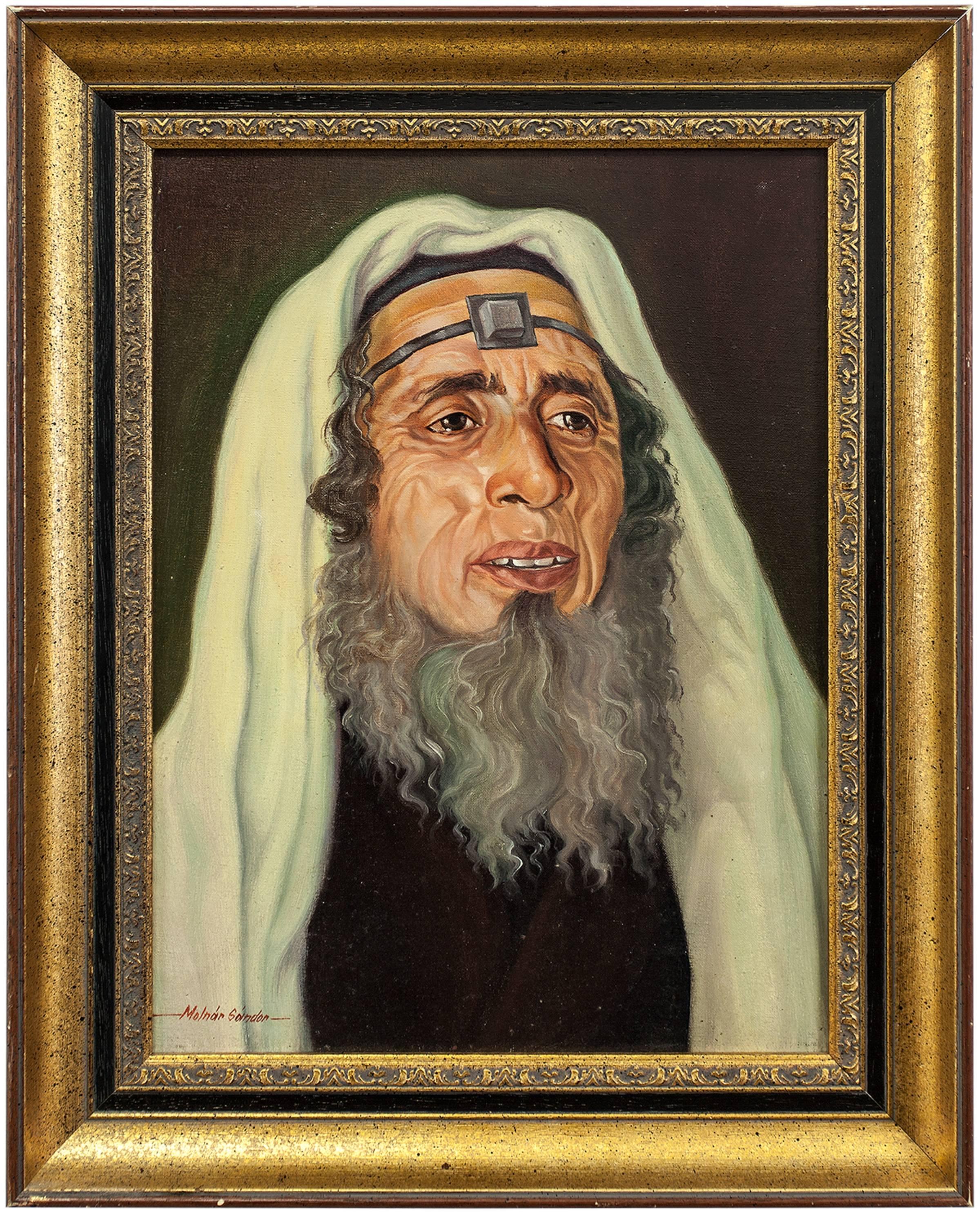 Sandor Molnar Portrait Painting - Rabbi with Tefillin, Judaica Portrait