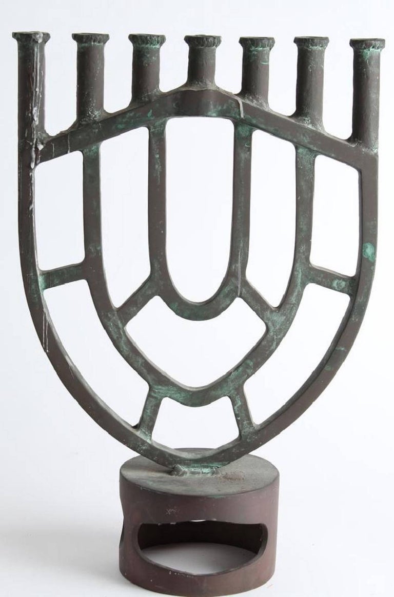 Gloria Kisch Still-Life Sculpture - Heavy Bronze Modernist Menorah Candelabra Sculpture