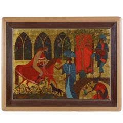Large Mythological Oil Painting "The Greeting" Gold Leafed Israeli Masterpiece