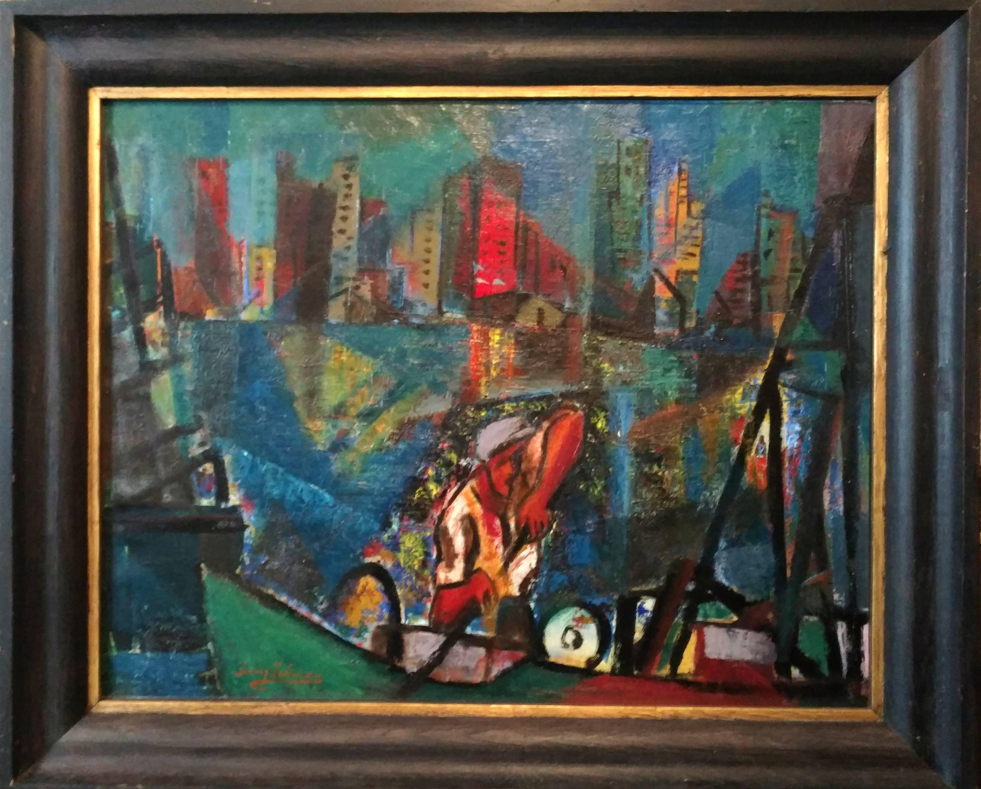 Irving George Lehman Figurative Painting - Constructivist Steelworker, Rare WPA oil painting, Manhattan NYC