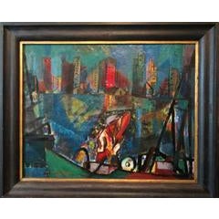 Constructivist Steelworker, Rare WPA oil painting, Manhattan NYC 9