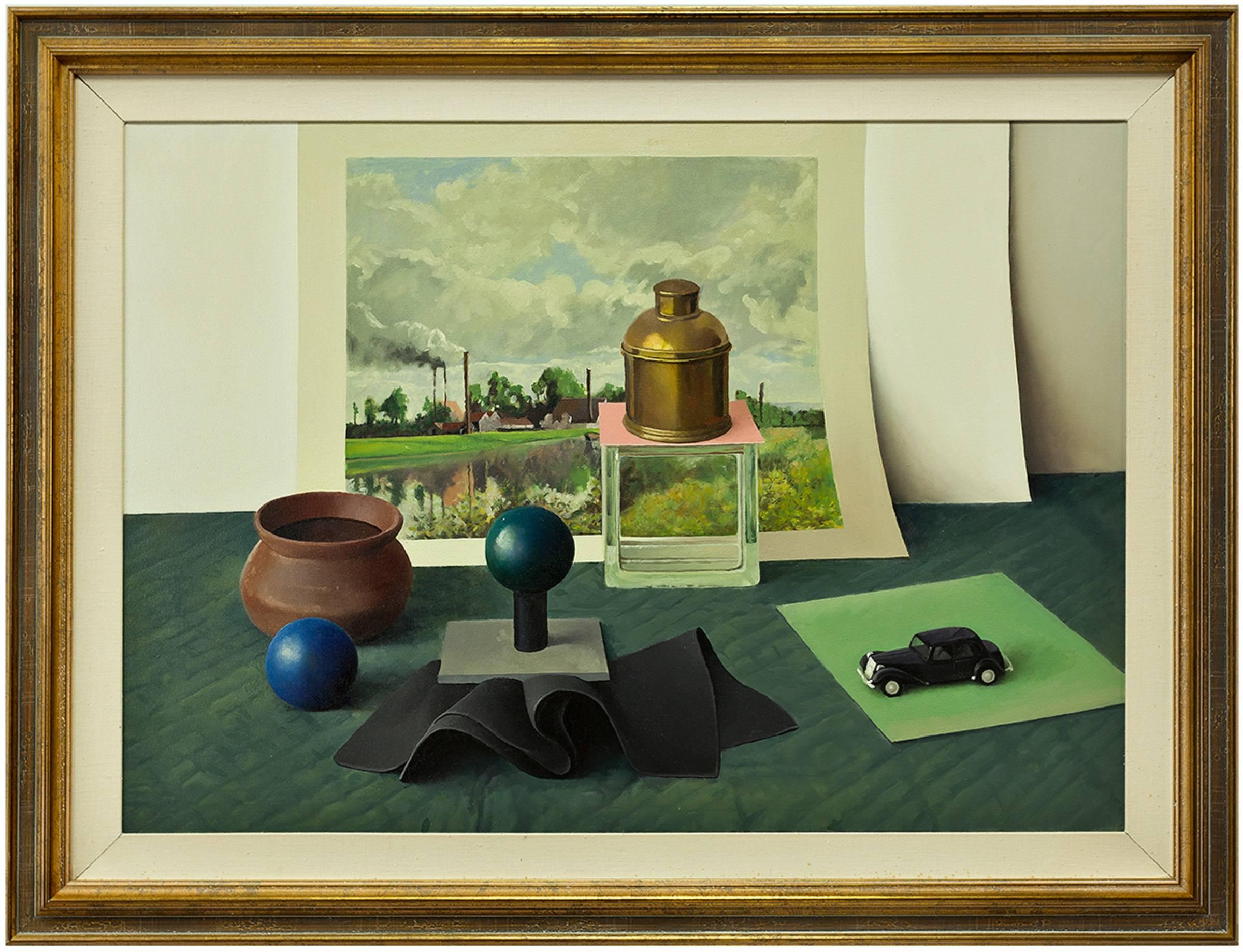 Unknown Still-Life Painting - Still Life with Toy Car, Trompe-l'oeil Painting