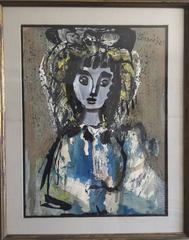 "La Belle Fille" Large Mid Century French Painting Portrait of a Beautiful Girl