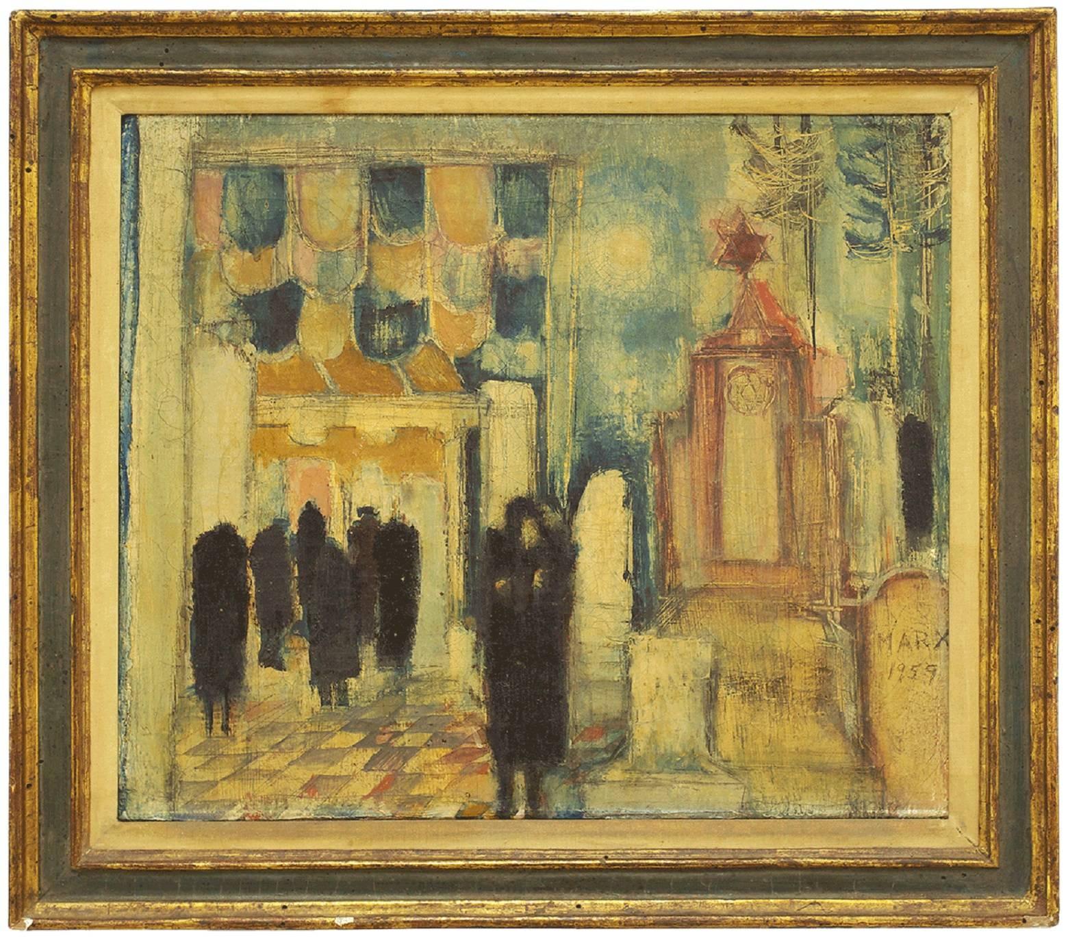 Marcia Marx Interior Painting - Synagogue, Mid Century Judaica Oil Painting