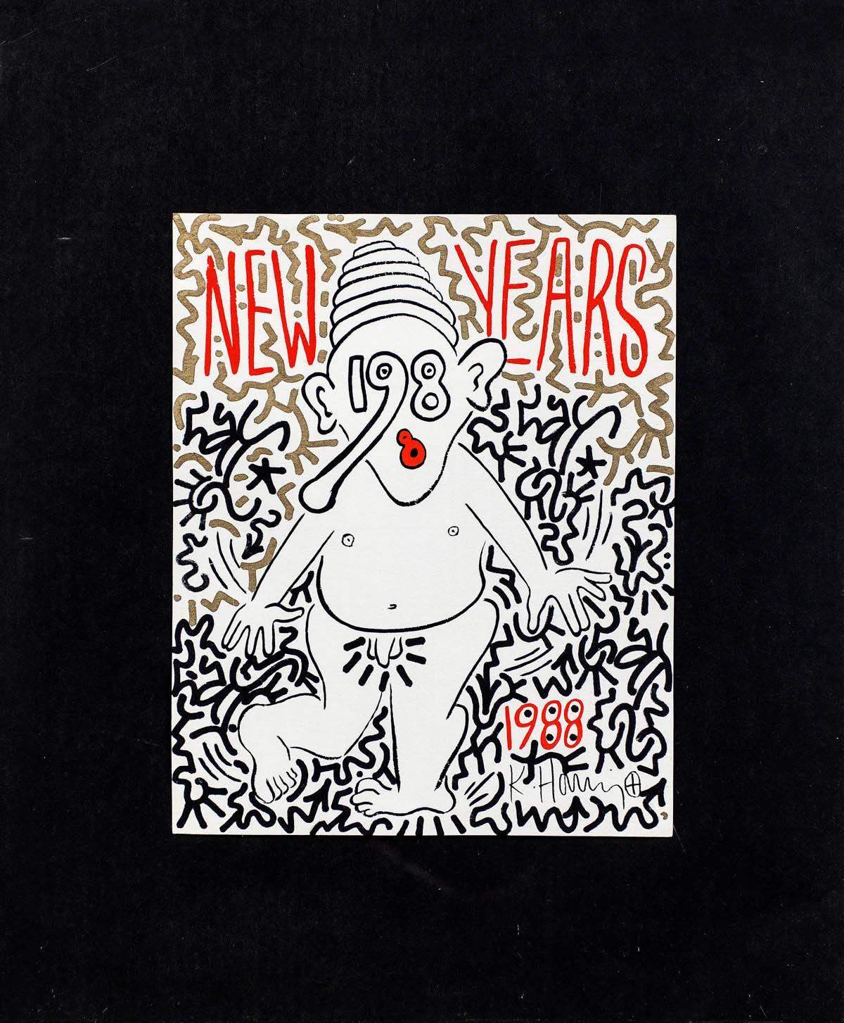 New Years 1988, Pop Art Hand Embellished Drawing, Print, LA II Collaboration - Mixed Media Art by Keith Haring