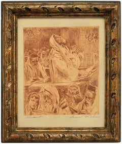 A Fine Judaica Etching "Atonement" Yom Kippur in the Synagogue