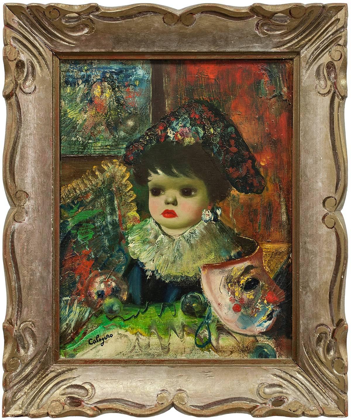 Jean Calogero Figurative Painting - L'Enfant, Colorful Surrealist Child with Venice Carnevale Masque