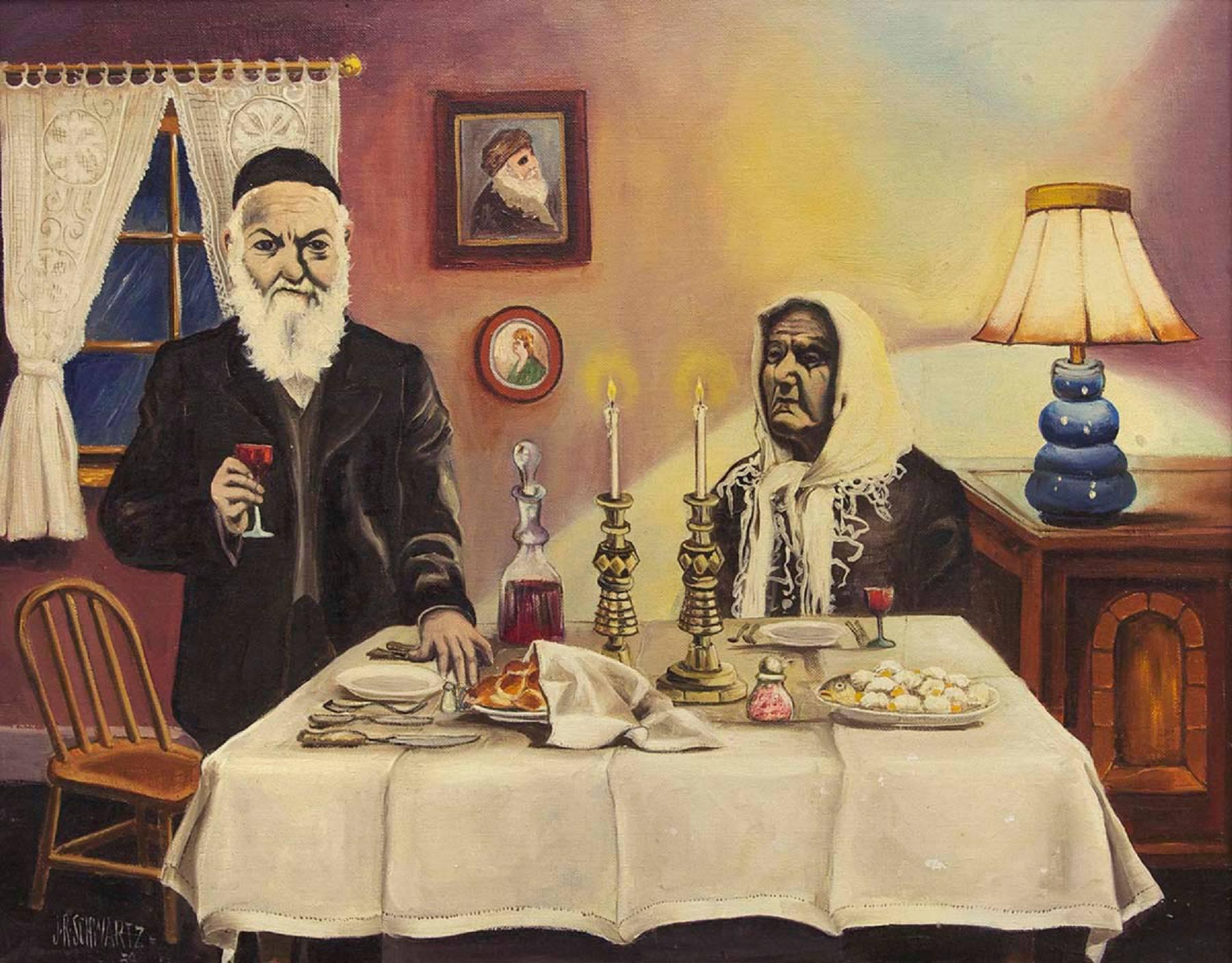 Old World Shabbat Dinner - Painting by J. R. Schwartz