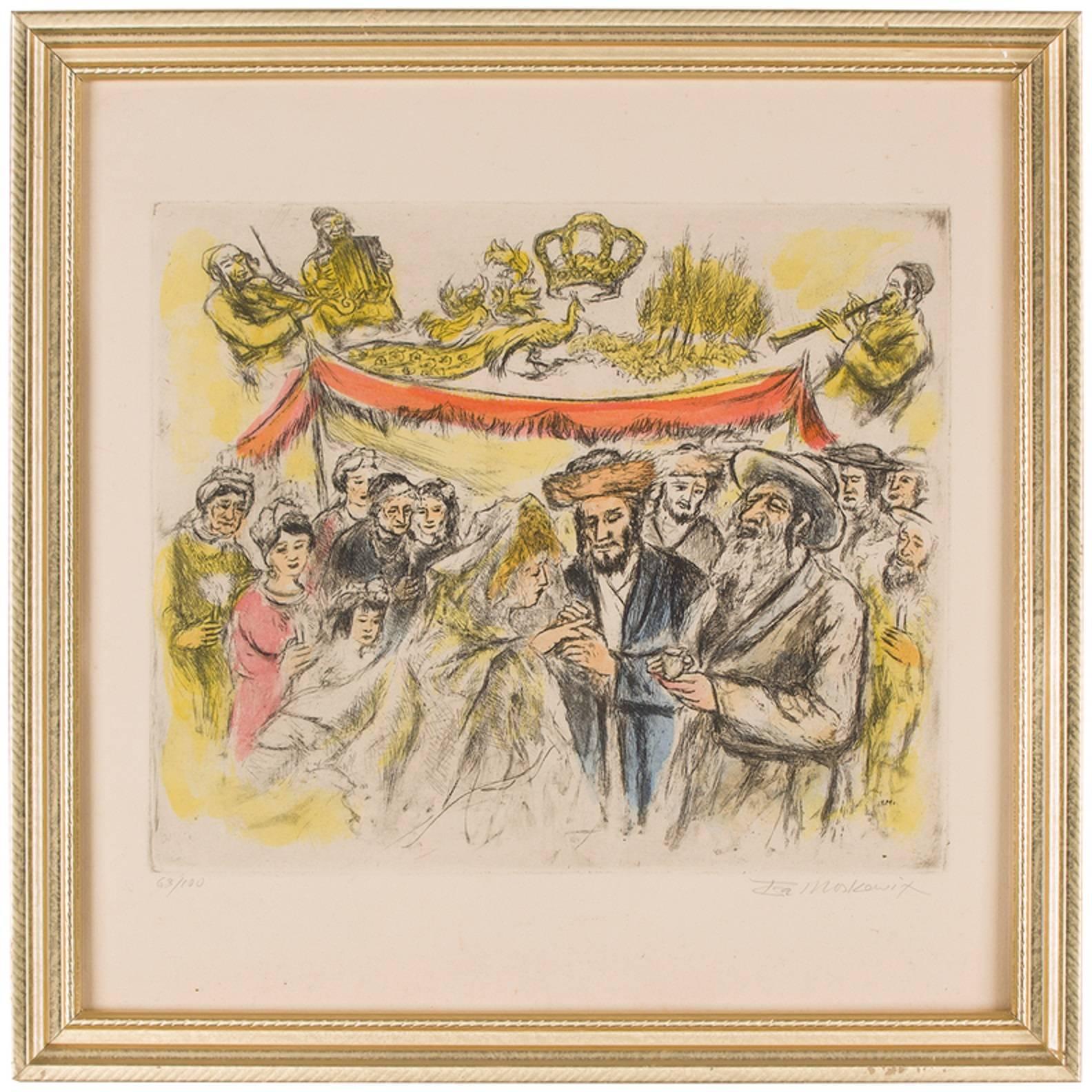 Ira Moskowitz Figurative Print - Judaica Etching Chassidic Wedding Chuppah, Hand Watercolor