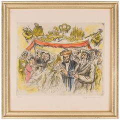 Judaica Etching Chassidic Wedding Chuppah, Hand Watercolor