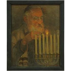 Early 20th C. Grandfather Lighting Menorah Judaica Holiday Painting 12