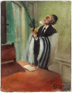 Peinture à l'huile judaïque Lulav et Etrog Benediction, début du 20e siècle