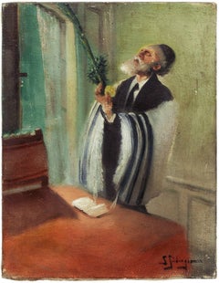 Lulav and Etrog Benediction, Judaica Oil Painting, Early 20th Century