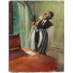 Lulav and Etrog Benediction, Judaica Oil Painting, Early 20th Century 12