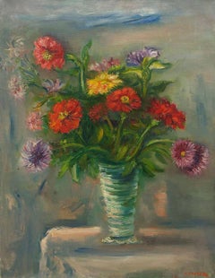 Zinnias Colorful Flowers in Vase Oil Painting Ecole D'Paris, WPA, Bezalel Artist