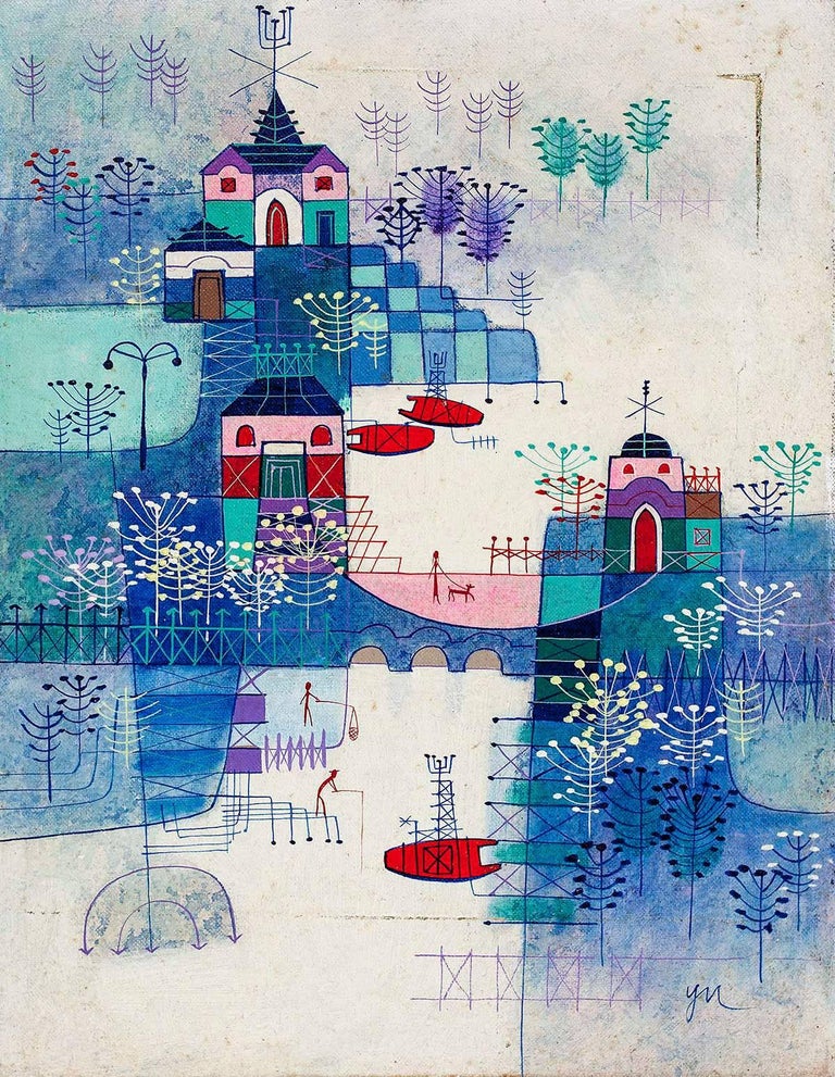 Heshi Yu Abstract Painting - Abstract Village Naive Chinese Modernist Painting