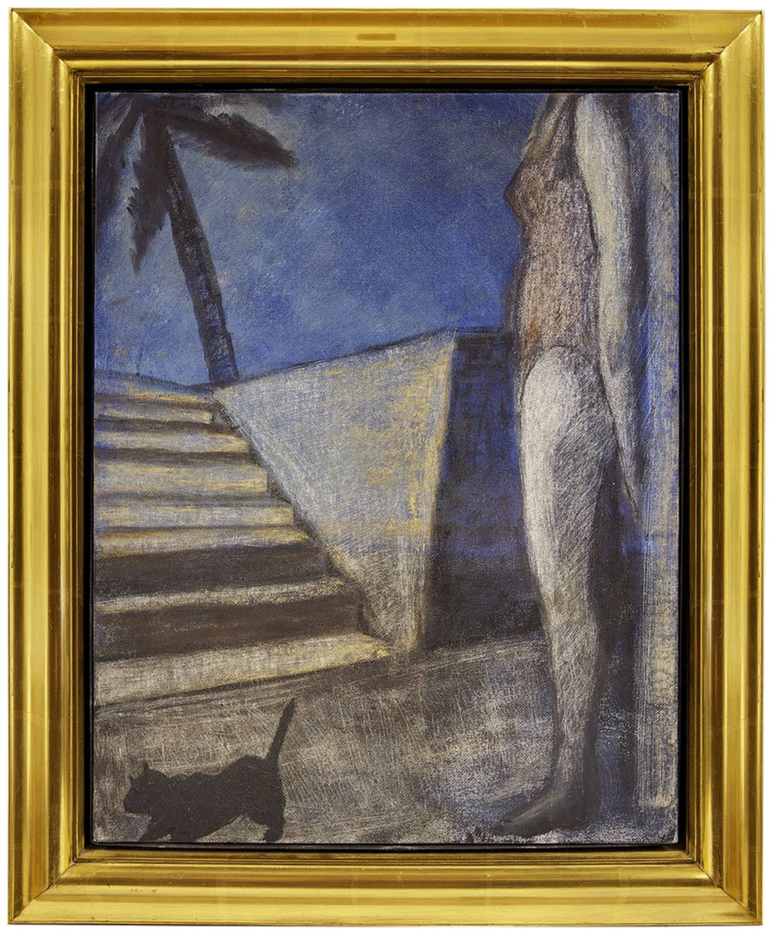 Unknown Figurative Painting - Modernist Woman with Cat (Manner of R.B. Kitaj)