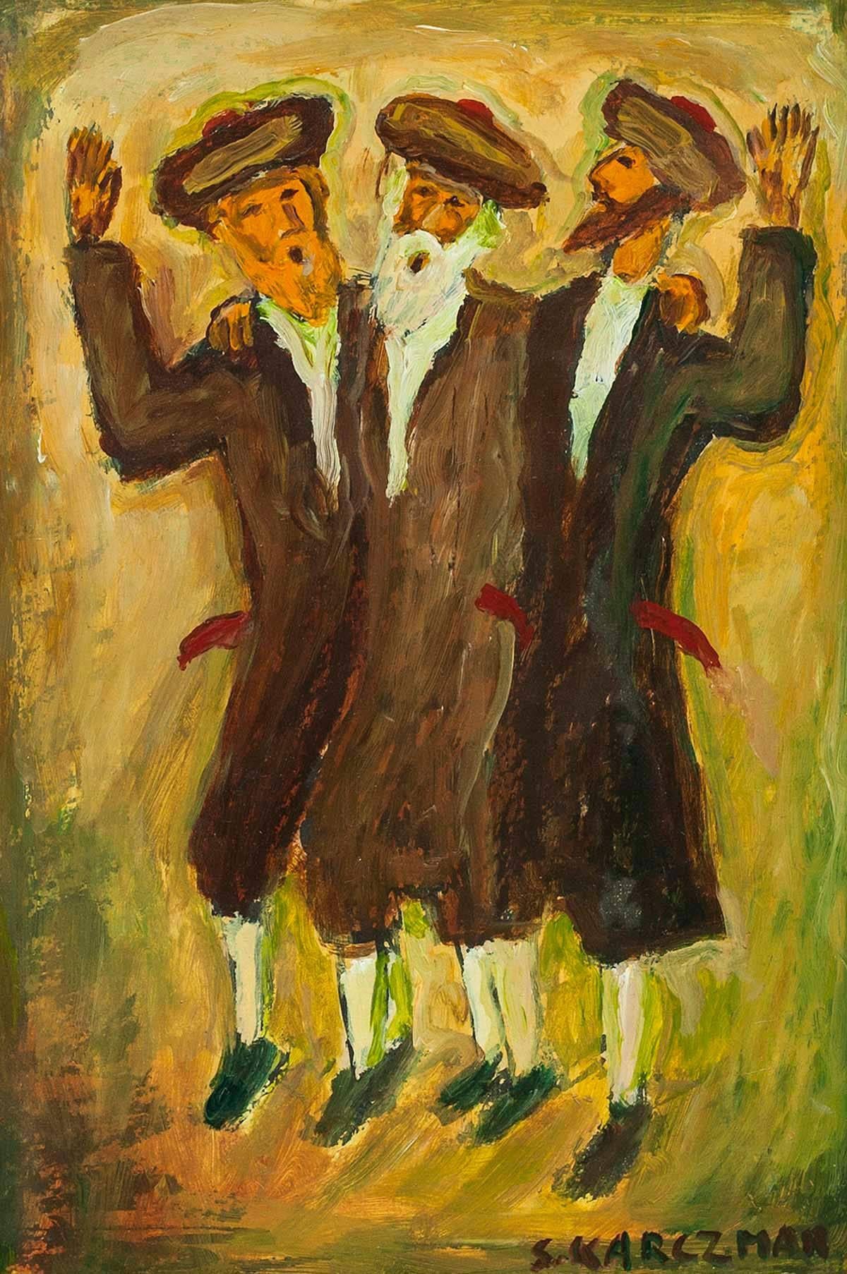 Simon Natan Karczmar Figurative Painting - Dancing Hasidim, Judaica Oil on Board