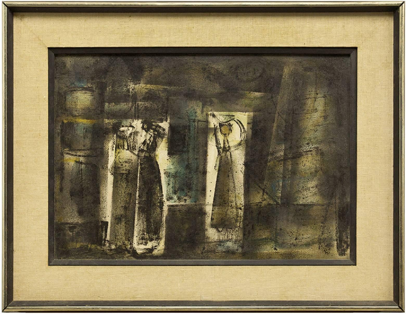 Stefan Alexander Abstract Painting - Abstract Composition with Figures Israeli Mid Century Modernist