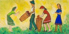 Kibbutz Pioneers at Harvest,  Early Israeli Oil Painting