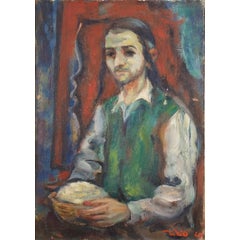 Young Religious Man 1947 Palestine, Israeli Judaica Painting 3