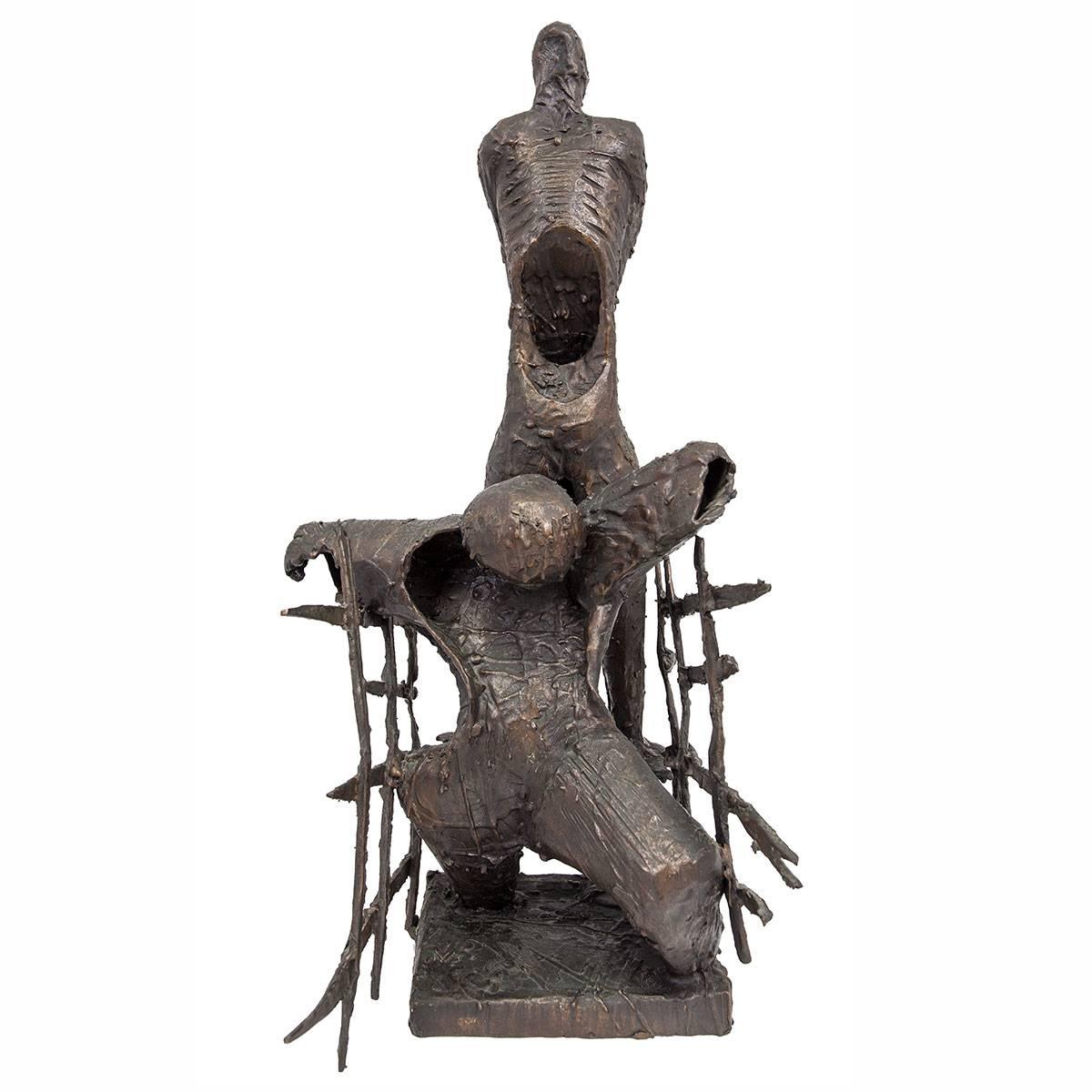 Unknown Figurative Sculpture - Brutalist Bronze Sculpture, Monument to Oppression, Expressionist Holocaust Art
