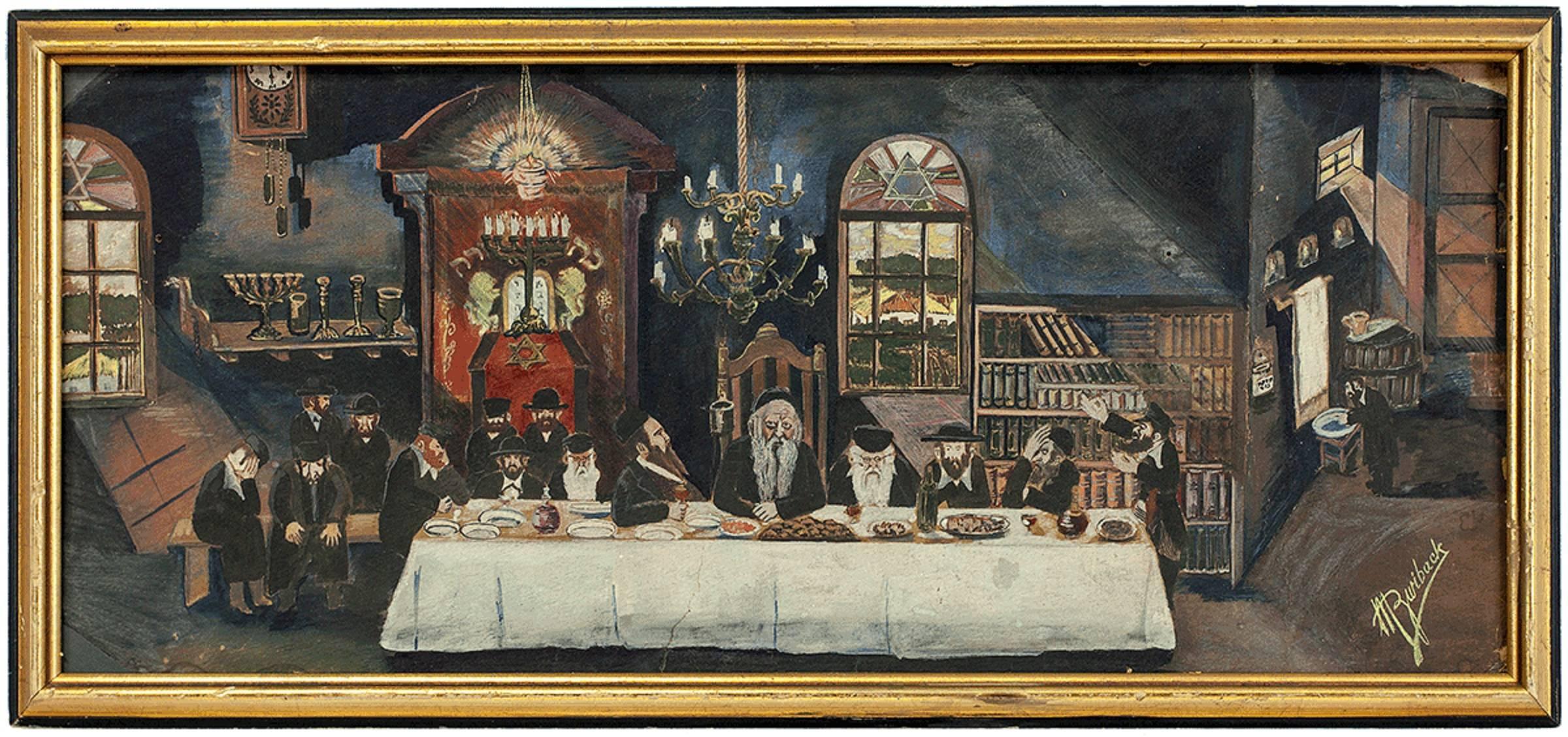 Unknown Figurative Painting - Rare 1940s Judaica Folk Art Outsider Painting Rabbis at Farbrengen